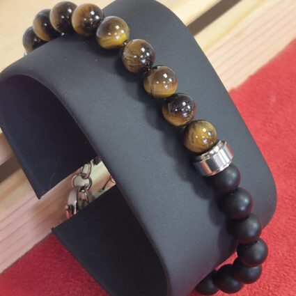 Bracelet UNYS argenté — Onyx noir & Œil de tigre A