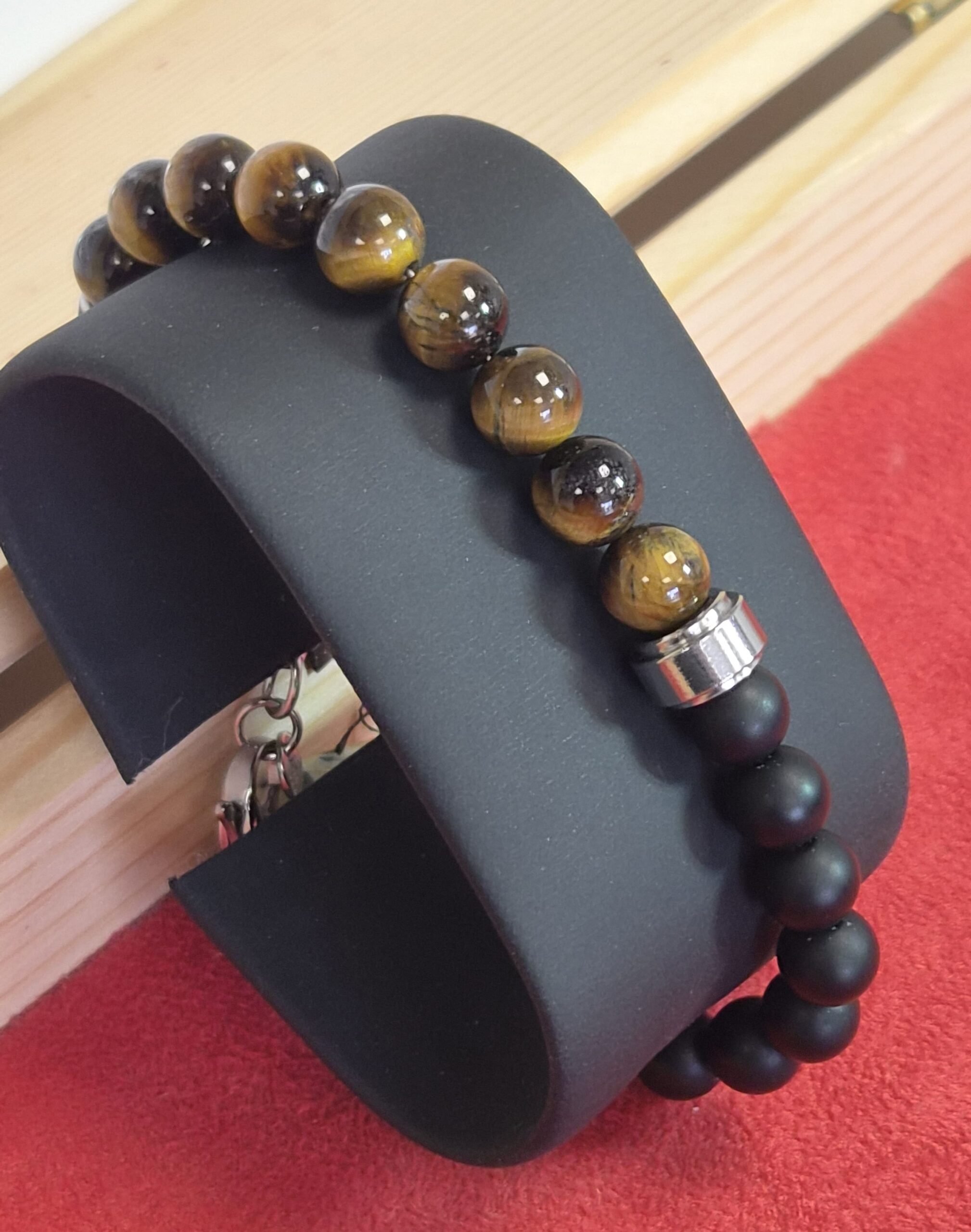 Bracelet UNYS argenté — Onyx noir & Œil de tigre A