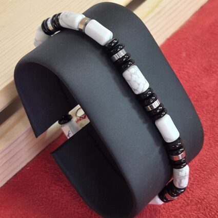 Bracelet NEMO argenté — Obsidienne noire & Howlite blanche AA